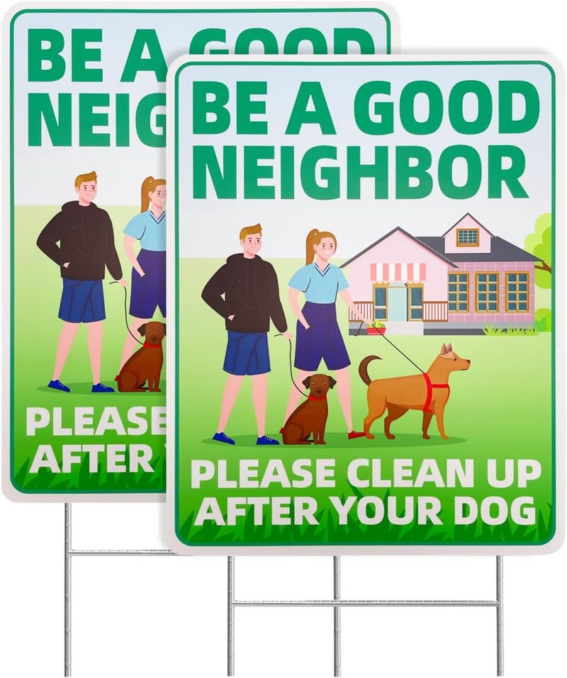 Philoch Clean Up After Your Dog Signs, 2 Pack 12"x9" with Metal H-Stakes Be a Good Neighbor No Pooping Dog Signs For Yard Double Sided Pick Up After Your Dog Signs - Image 1